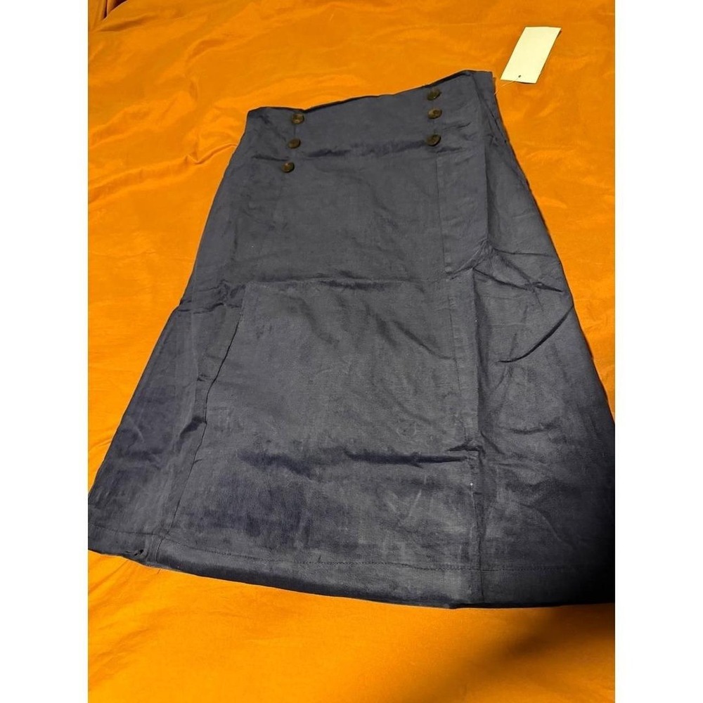 Tulip B Navy Blue Midi A-Line Corduroy Skirt with Button Detail - Picture 3 of 5